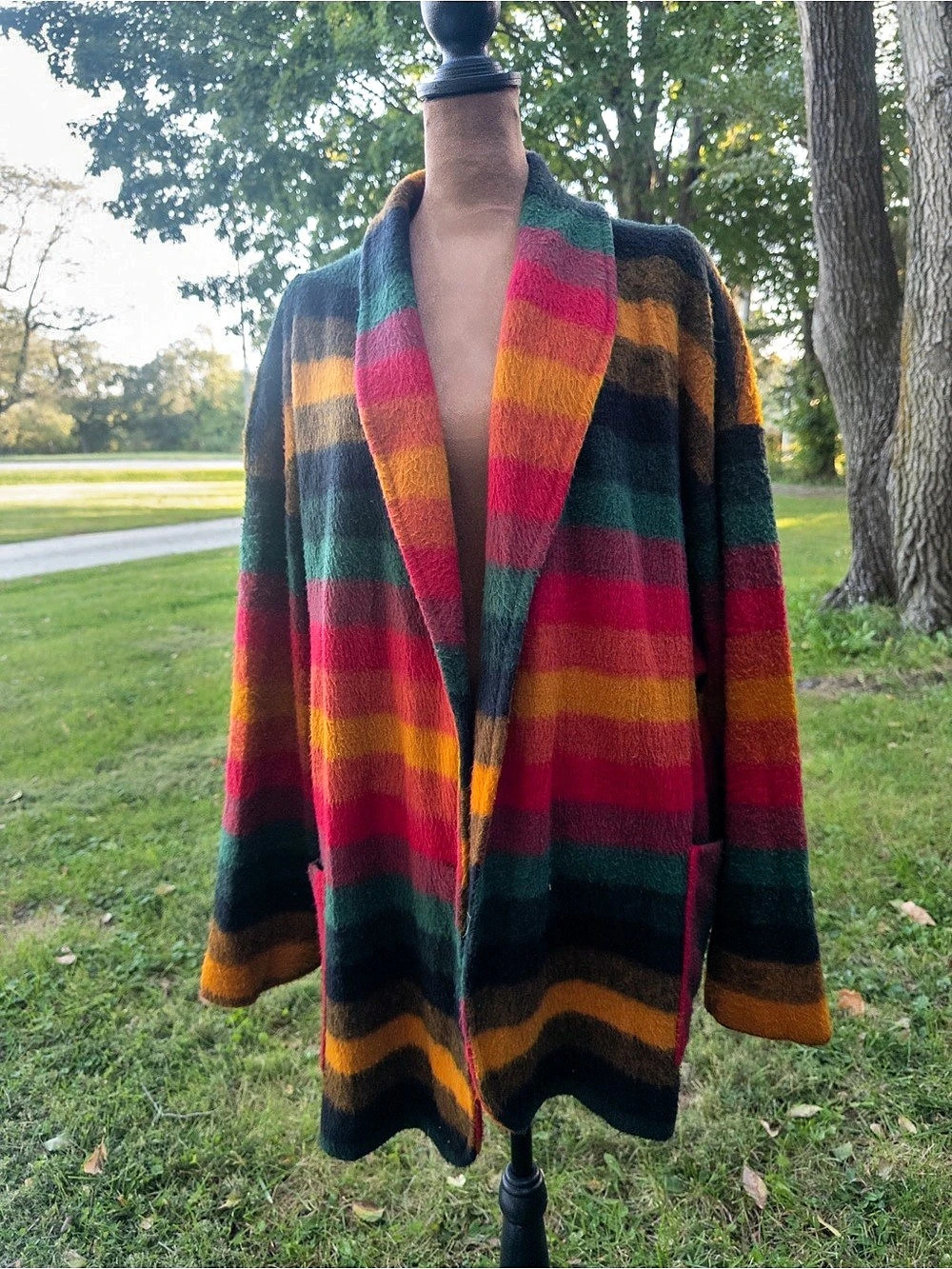 Oversized Vintage 80s/90s Loom Wear Striped Wool Cardigan in Green & Pink